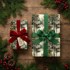 Wrapped Studios Christmas wrapping paper: Rustic winter forest & cabin scene. Red velvet & green ribbon gifts on wood.