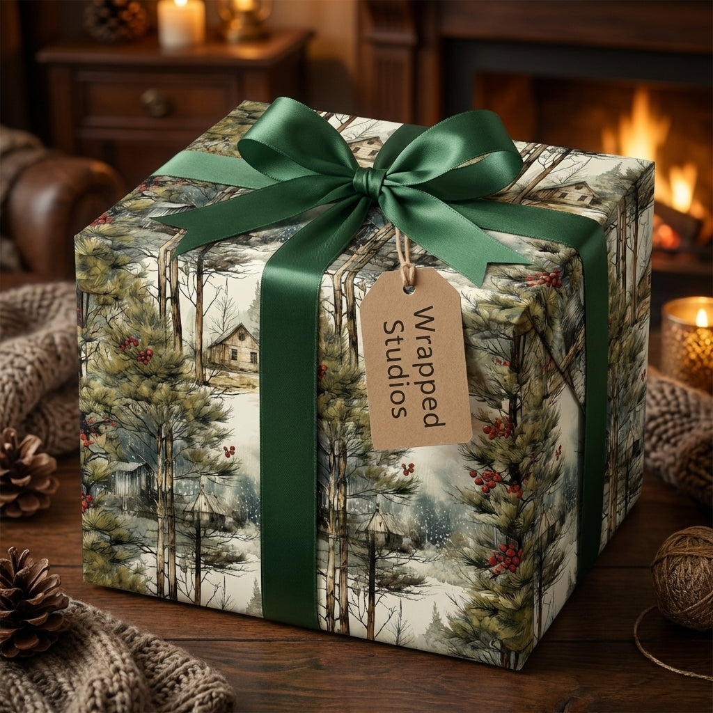 Christmas wrapping paper: snowy forest, rustic cabins & red berries, tied with a rich green satin bow. Wrapped Studios.