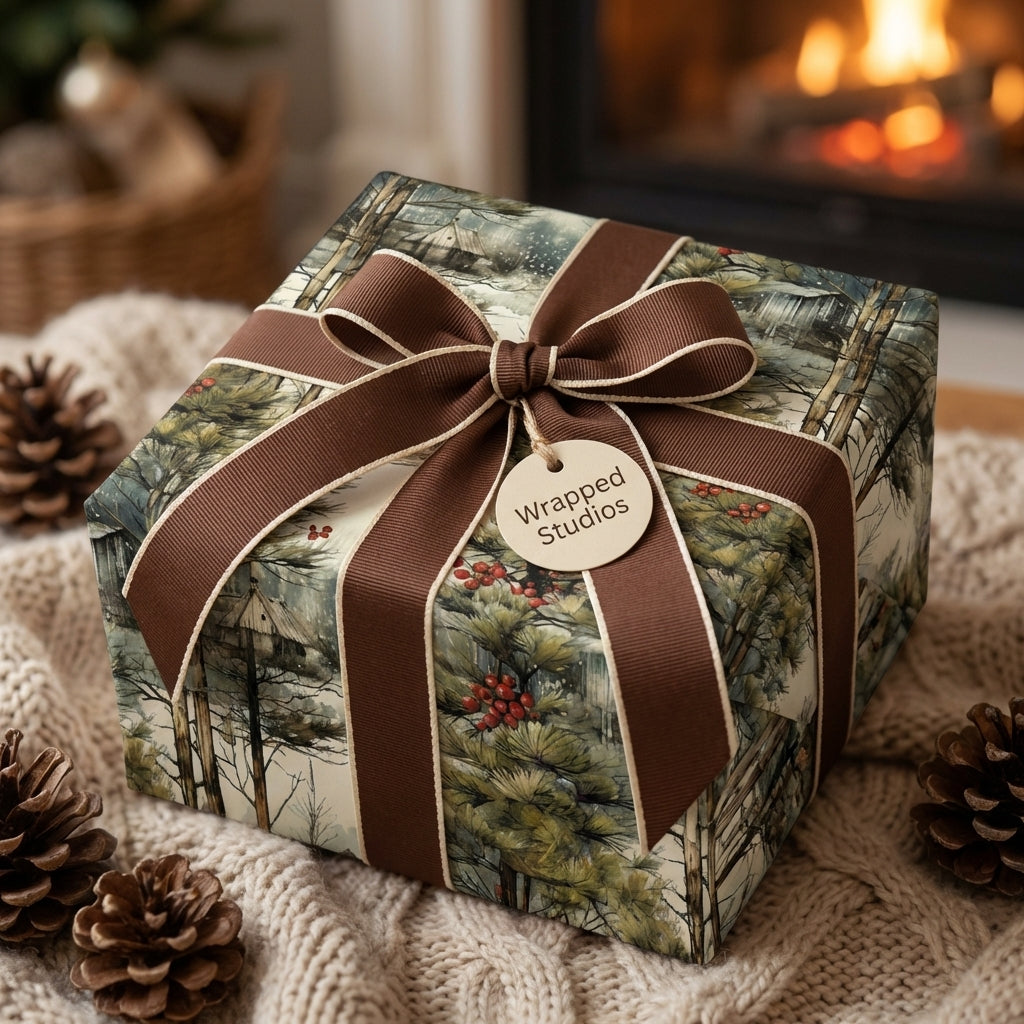 Rustic winter forest wrapping paper with pines & red berries, tied with a brown ribbon bow. Cozy Christmas gift wrap by Wrapped Studios.