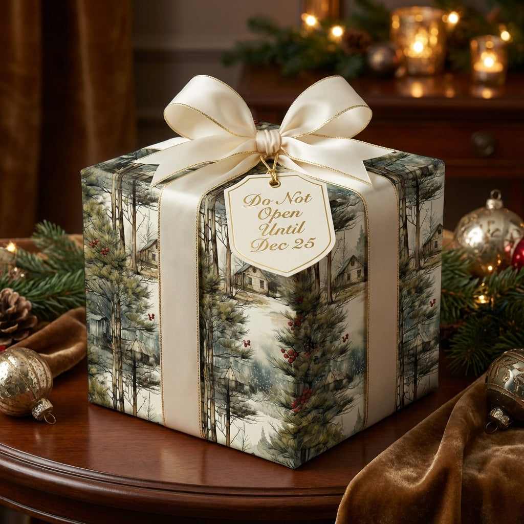 Luxury Christmas wrapping paper featuring rustic winter cabins & pine trees. Cream bow with 'Do Not Open Until Dec 25' tag.