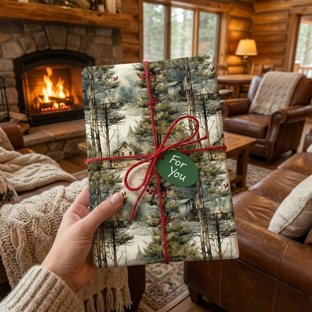 Wrapped Studios' rustic Christmas wrapping paper with a winter forest and cabins, tied with red twine & "For You" tag.