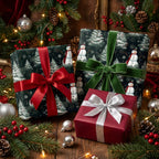 Festive Christmas gifts wrapped in snowman print paper with elegant velvet ribbon bows.