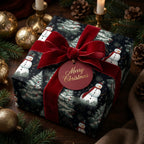 Christmas gift wrapped in snowman print paper with a red velvet bow and matching tag.