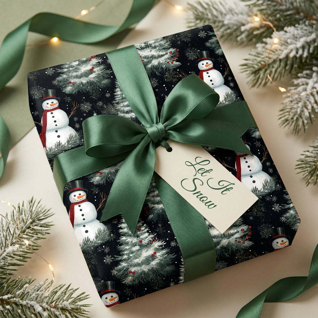 Christmas gift wrapped in snowman print wrapping paper, tied with a green satin bow and "Let it Snow" tag.