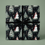 Gift box wrapped in Christmas gift wrap with a snowman and snowy tree pattern, tied with a black velvet ribbon.