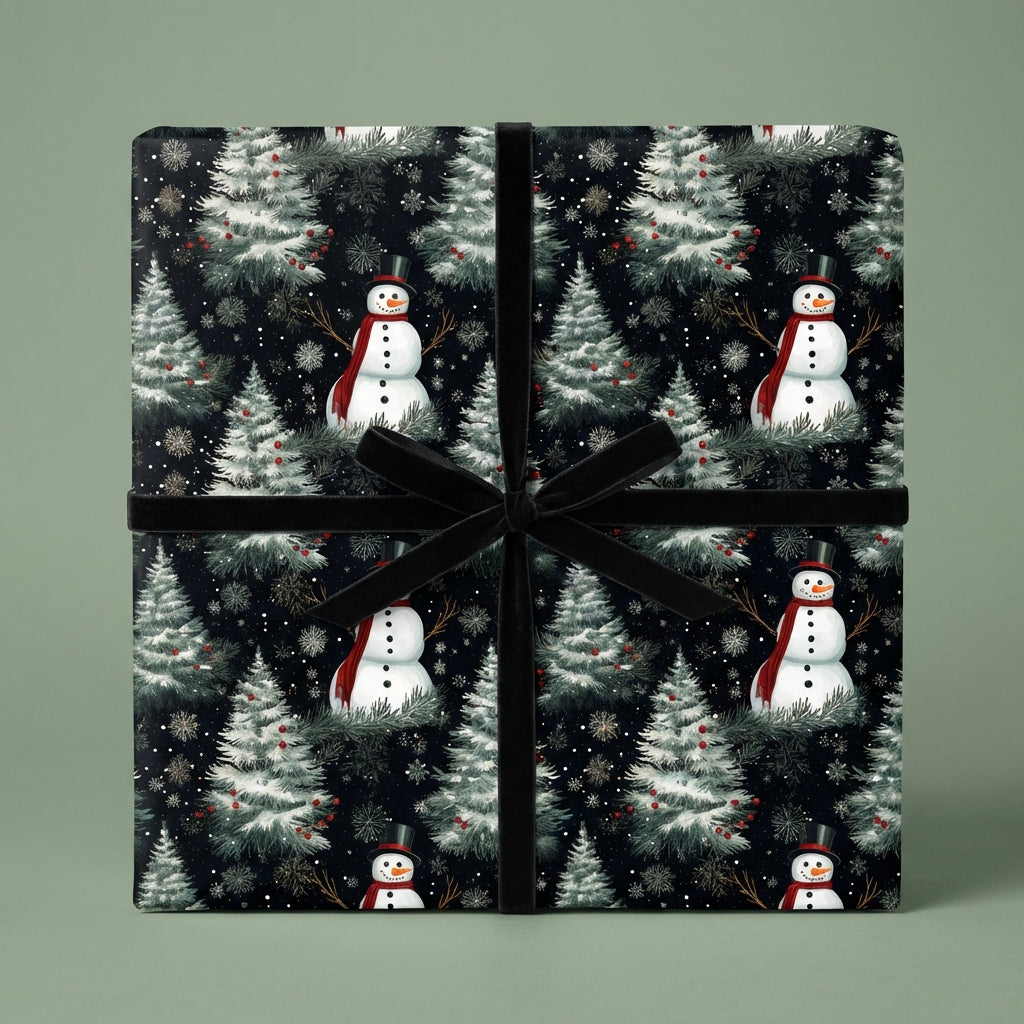 Gift box wrapped in Christmas gift wrap with a snowman and snowy tree pattern, tied with a black velvet ribbon.