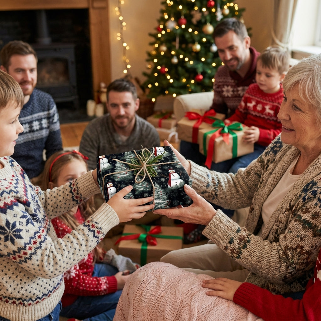Boy gives grandma a Christmas gift wrapped in snowman wrapping paper with twine in cozy family scene.
