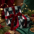 Elegant Christmas presents wrapped in snowman print gift wrap with a plush red velvet bow.