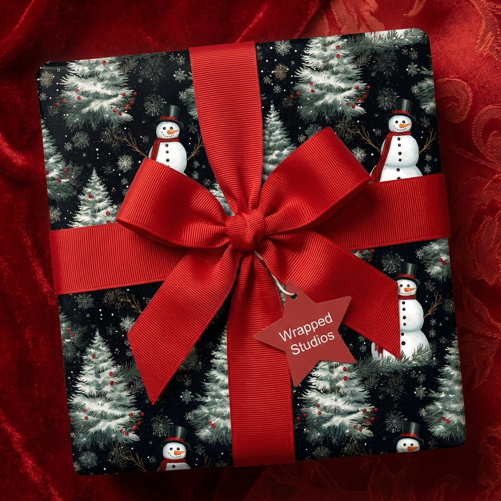 Christmas gift wrapped in snowmen print paper with a bright red grosgrain ribbon and bow.