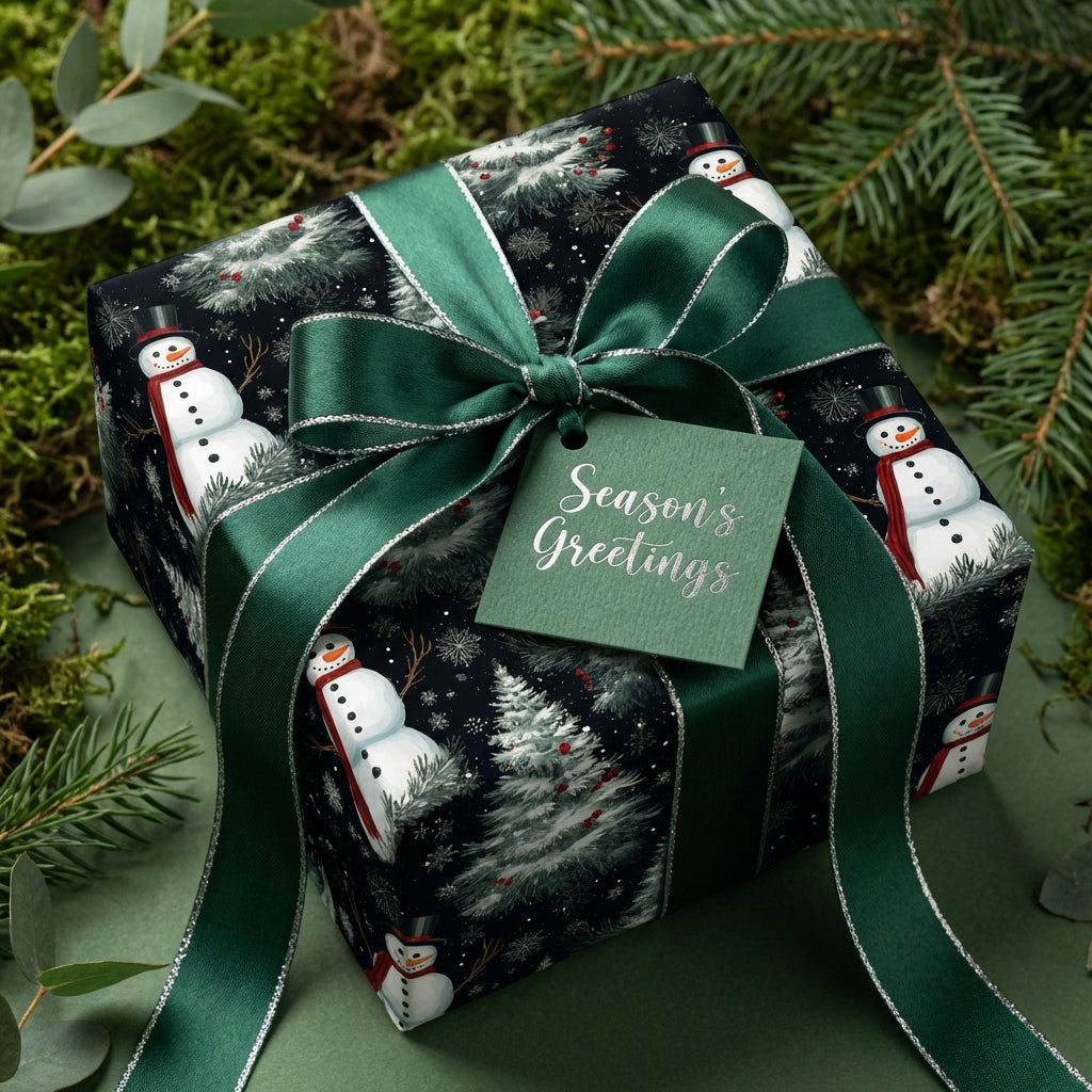 Christmas gift wrapped in snowman print paper with a green ribbon and "Season's Greetings" tag.