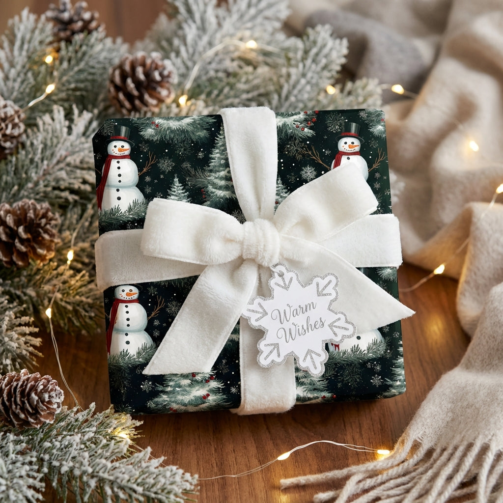Snowman Christmas gift wrap with white velvet ribbon and "Warm Wishes" snowflake tag.