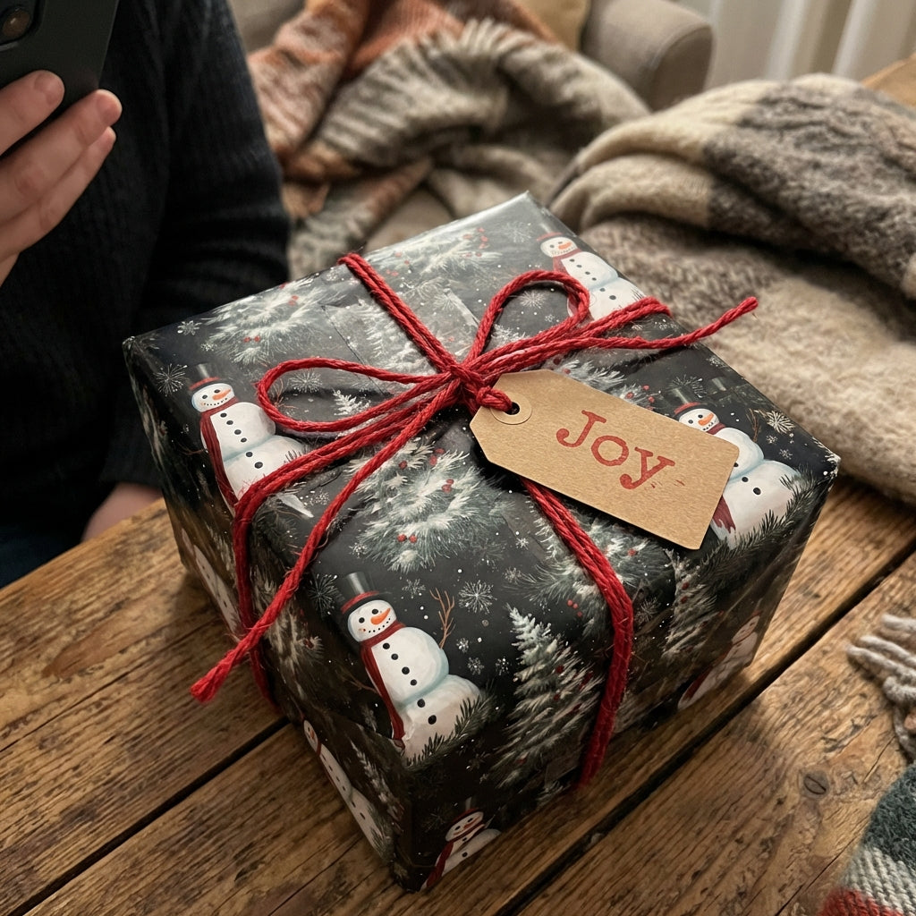 Close-up of a Christmas gift wrapped in snowman wrapping paper, tied with red twine, and labeled "Joy".