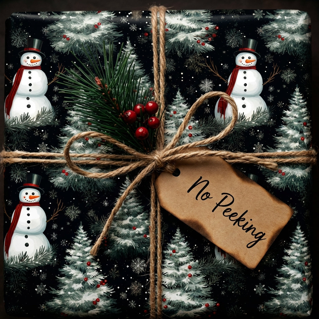 Christmas gift wrapped in snowman and snowy tree pattern paper, tied with twine and a “No Peeking” tag.