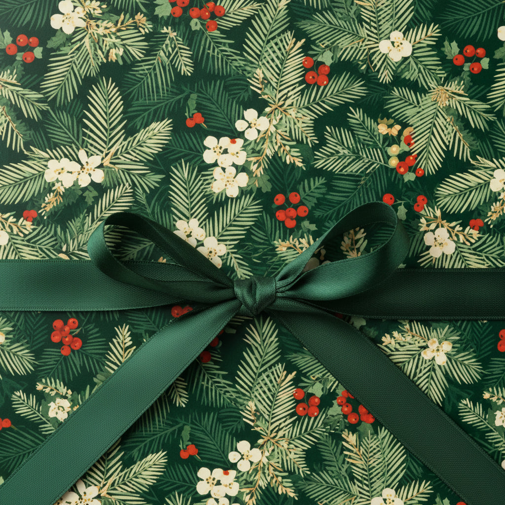 Dark green Christmas gift wrap with floral and berry pattern tied with a satin ribbon.