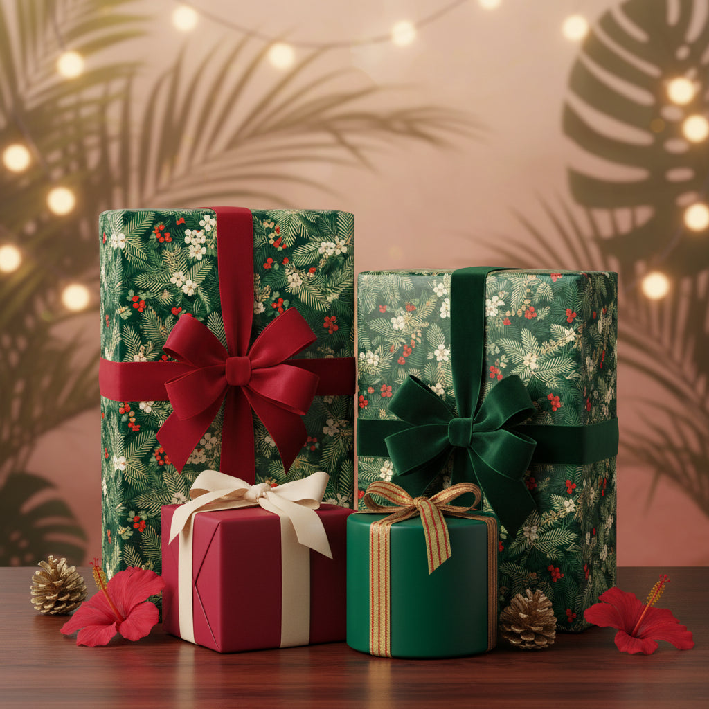 Elegant Christmas gifts wrapped in green floral wrapping paper with red and green velvet ribbons.