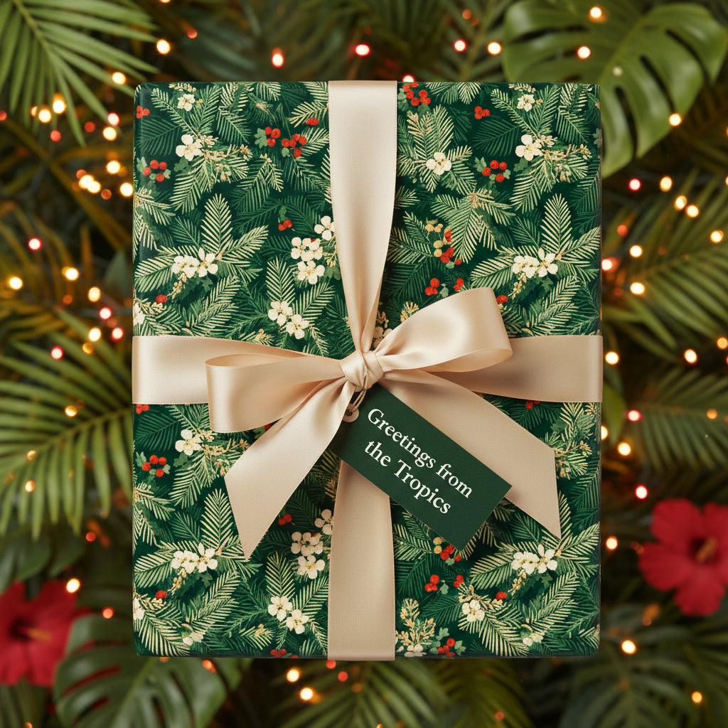 Tropical floral wrapping paper with gold ribbon and "Greetings from the Tropics" gift tag.