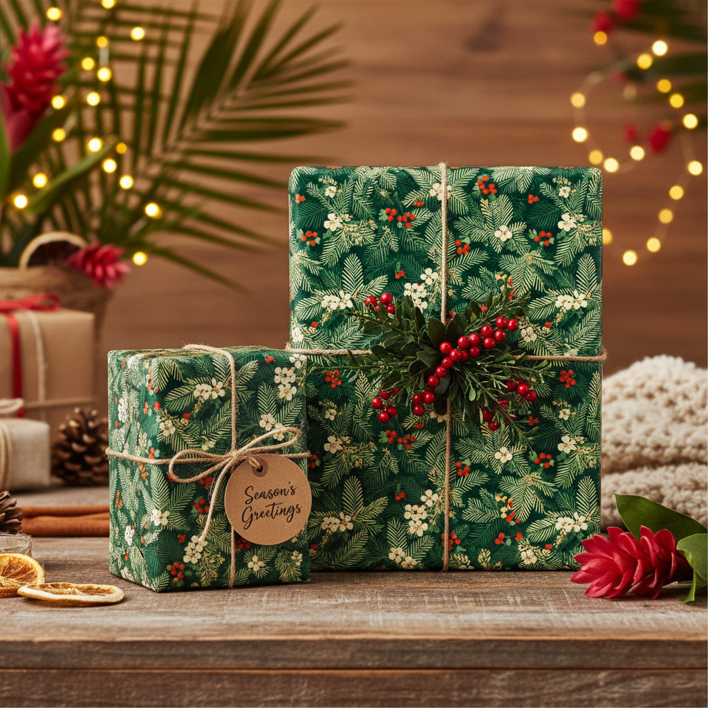 Festive Christmas gift wrap: presents in green floral wrapping paper with red berries and natural twine.