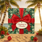 Tropical Christmas gift wrap: Green floral wrapping paper with red ribbon and "Christmas in Paradise" tag.