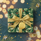 Square gift wrapped in green floral Christmas wrapping paper with gold ribbon and ornament.