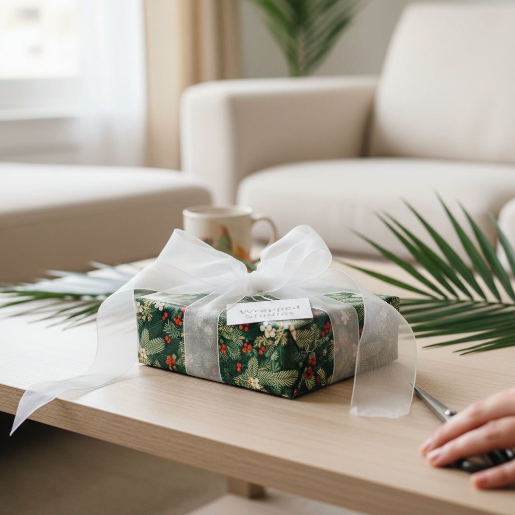 Elegant Christmas gift wrap with sheer white ribbon and festive botanical print.