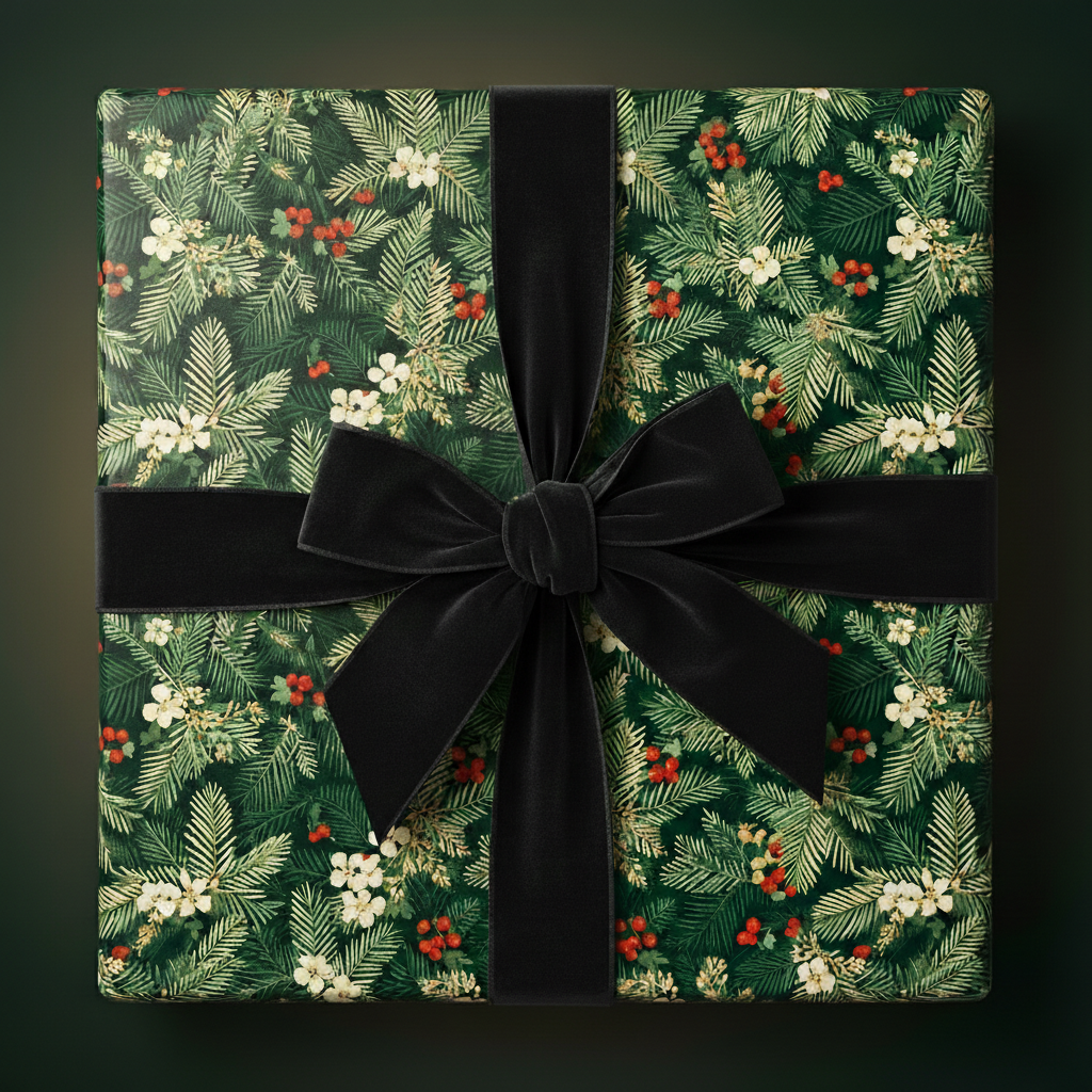 Square gift wrapped in floral Christmas wrapping paper with a large black velvet ribbon and bow.