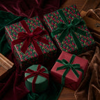 Elegant Christmas gift wrap from Wrapped Studios. Featuring floral wrapping paper with velvet ribbons.