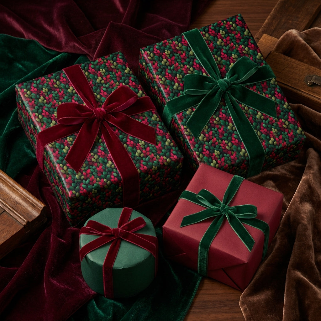 Elegant Christmas gift wrap from Wrapped Studios. Featuring floral wrapping paper with velvet ribbons.
