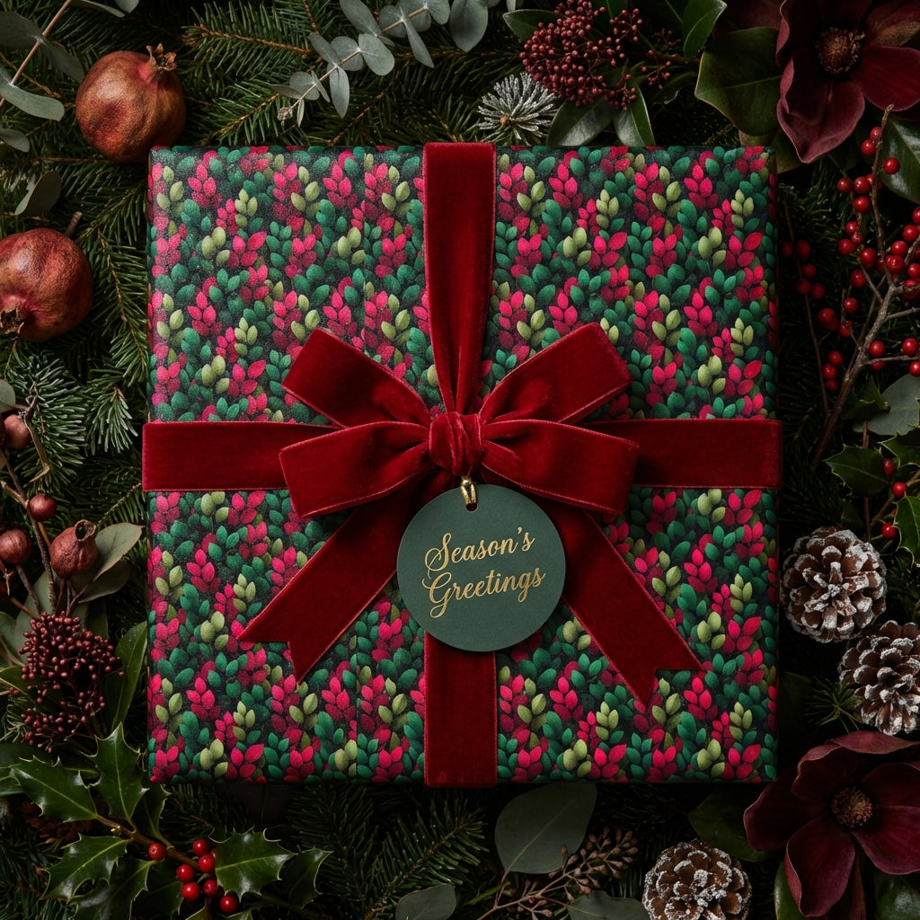 Luxury Christmas gift wrap: Floral leaf pattern with red velvet ribbon and "Season's Greetings" tag.