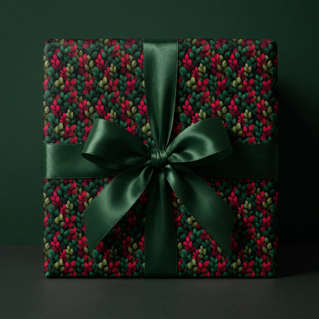 Elegant Christmas gift wrapped in red and green leaf print paper with a matching satin bow.