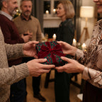 Exchanging Wrapped Studios Christmas gifts; festive floral wrapping paper with a red velvet bow.