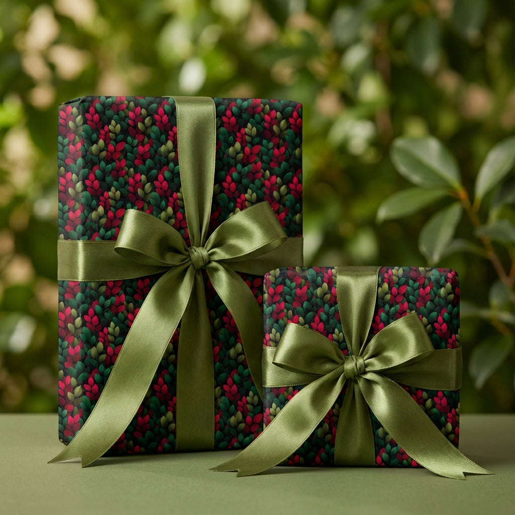 Two gifts wrapped in floral Christmas wrapping paper with green satin ribbons.