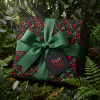 Elegant floral wrapping paper in forest setting with green ribbon & 'For You' tag. Wrapped Studios.