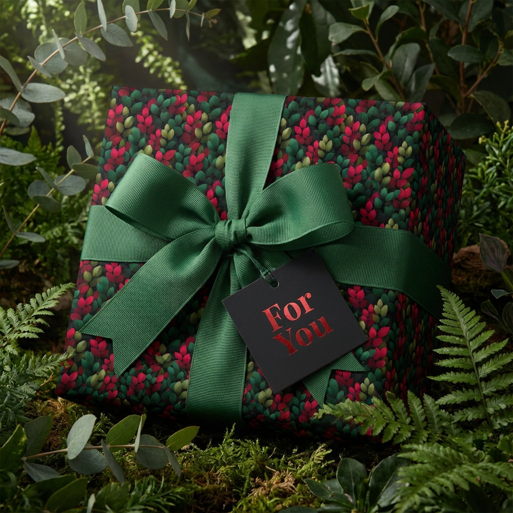 Elegant floral wrapping paper in forest setting with green ribbon & 'For You' tag. Wrapped Studios.