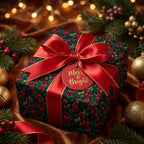 Elegant Christmas gift with festive floral wrapping paper, red ribbon, and "Merry & Bright" tag.