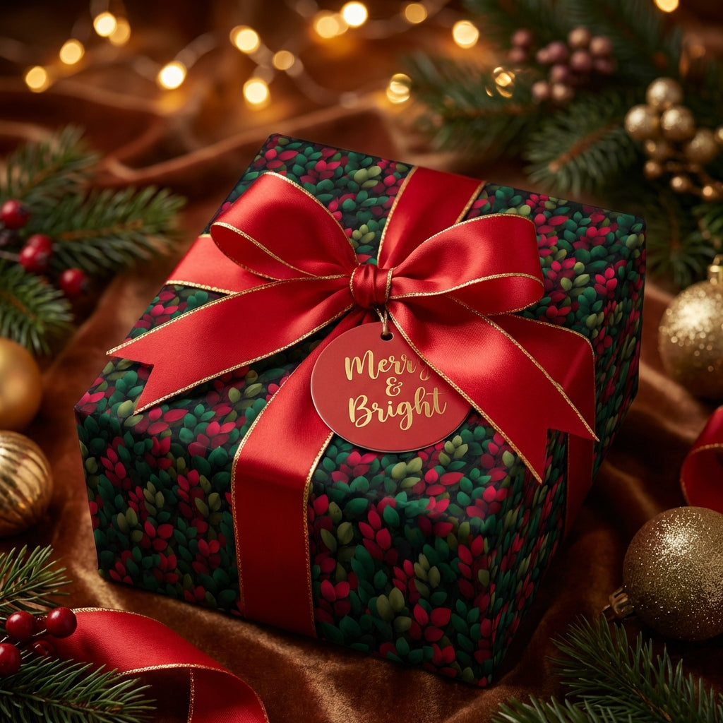 Elegant Christmas gift with festive floral wrapping paper, red ribbon, and "Merry & Bright" tag.