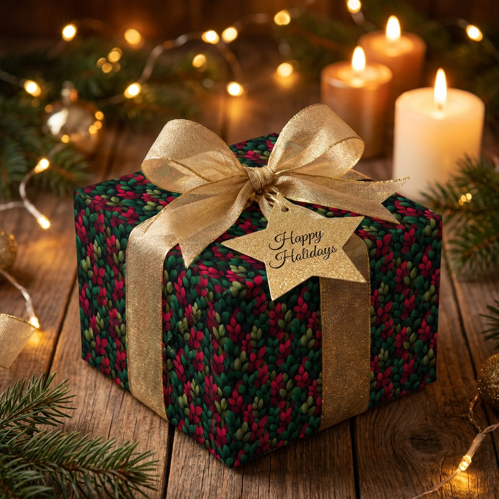 Elegant Christmas gift wrap with a gold ribbon and a floral-leaf pattern, paired with festive lights and candles.