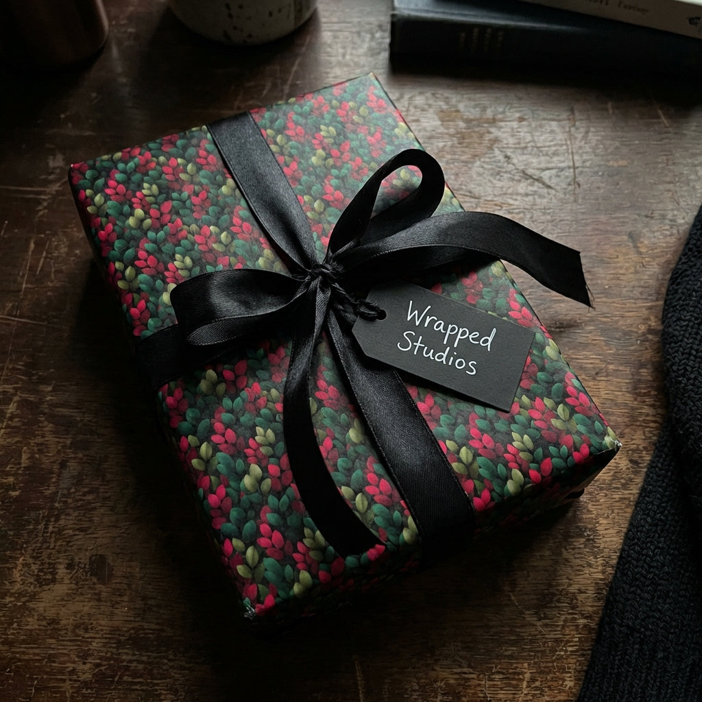 Wrapped Studios gift with vintage floral wrapping paper, tied with a black satin ribbon and tag.