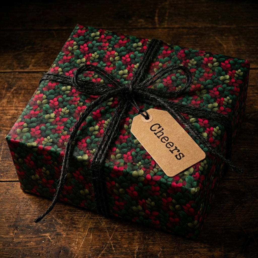 Floral gift wrapped in rustic red and green paper with black twine, and a "Cheers" tag.