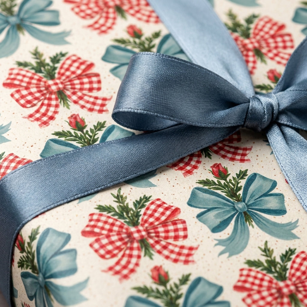 Vintage Christmas wrapping paper with red gingham bows and dusty blue satin ribbon by Wrapped Studios.
