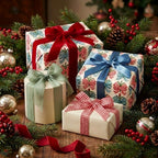 Vintage holiday wrapping paper with elegant ribbons on Christmas gift boxes by Wrapped Studios.