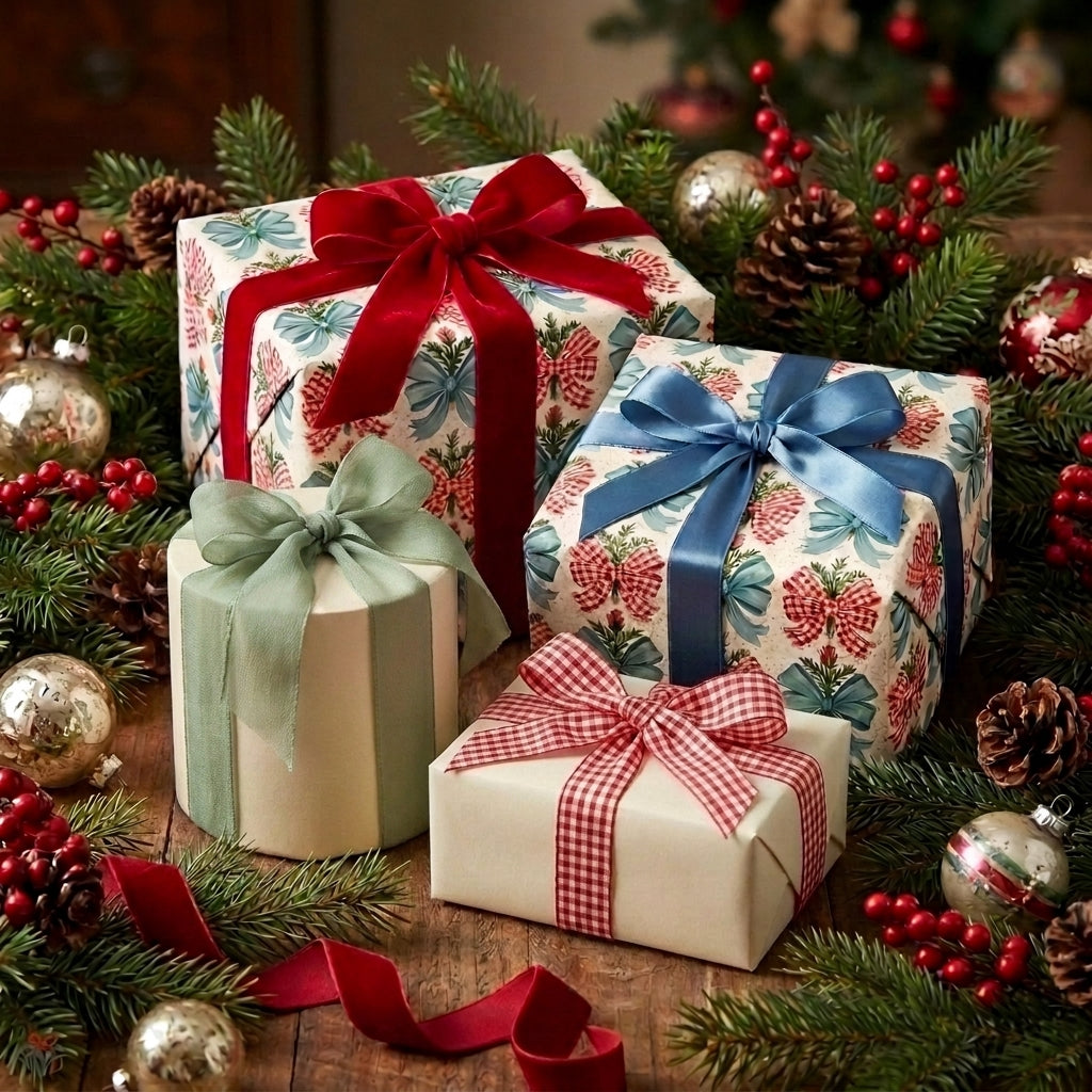 Vintage holiday wrapping paper with elegant ribbons on Christmas gift boxes by Wrapped Studios.