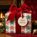 Vintage bow Christmas wrapping paper with a red velvet bow and holiday tag by Wrapped Studios.