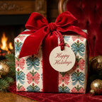 Vintage bow Christmas wrapping paper with a red velvet bow and holiday tag by Wrapped Studios.