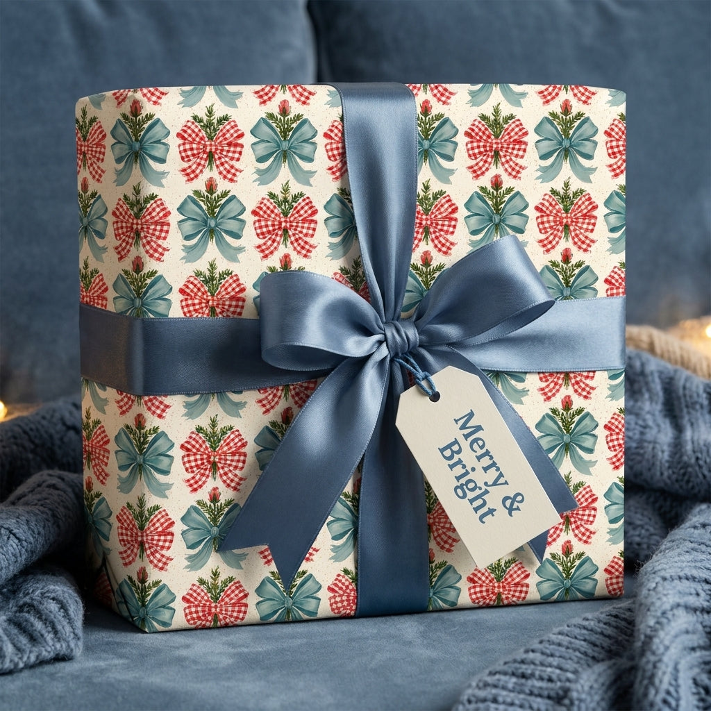 Vintage Christmas wrapping paper with a red and blue bow pattern and satin ribbon by Wrapped Studios.