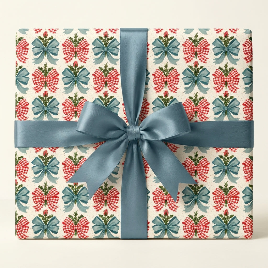 Vintage Christmas gift wrap with red gingham and blue bows, tied with blue satin ribbon by Wrapped Studios.