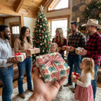 Hand holding Christmas gift wrap with festive red and blue bows by Wrapped Studios at a family gathering.