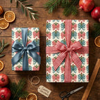Rustic Christmas gift wrap featuring red gingham and blue bow patterns by Wrapped Studios.