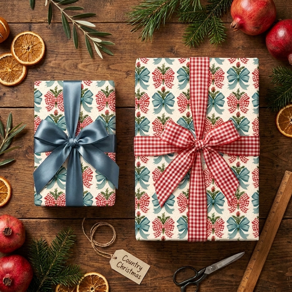 Rustic Christmas gift wrap featuring red gingham and blue bow patterns by Wrapped Studios.