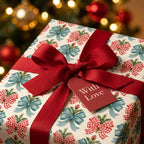 Vintage Christmas wrapping paper with red ribbon, 'With Love' tag, and bow pattern by Wrapped Studios.