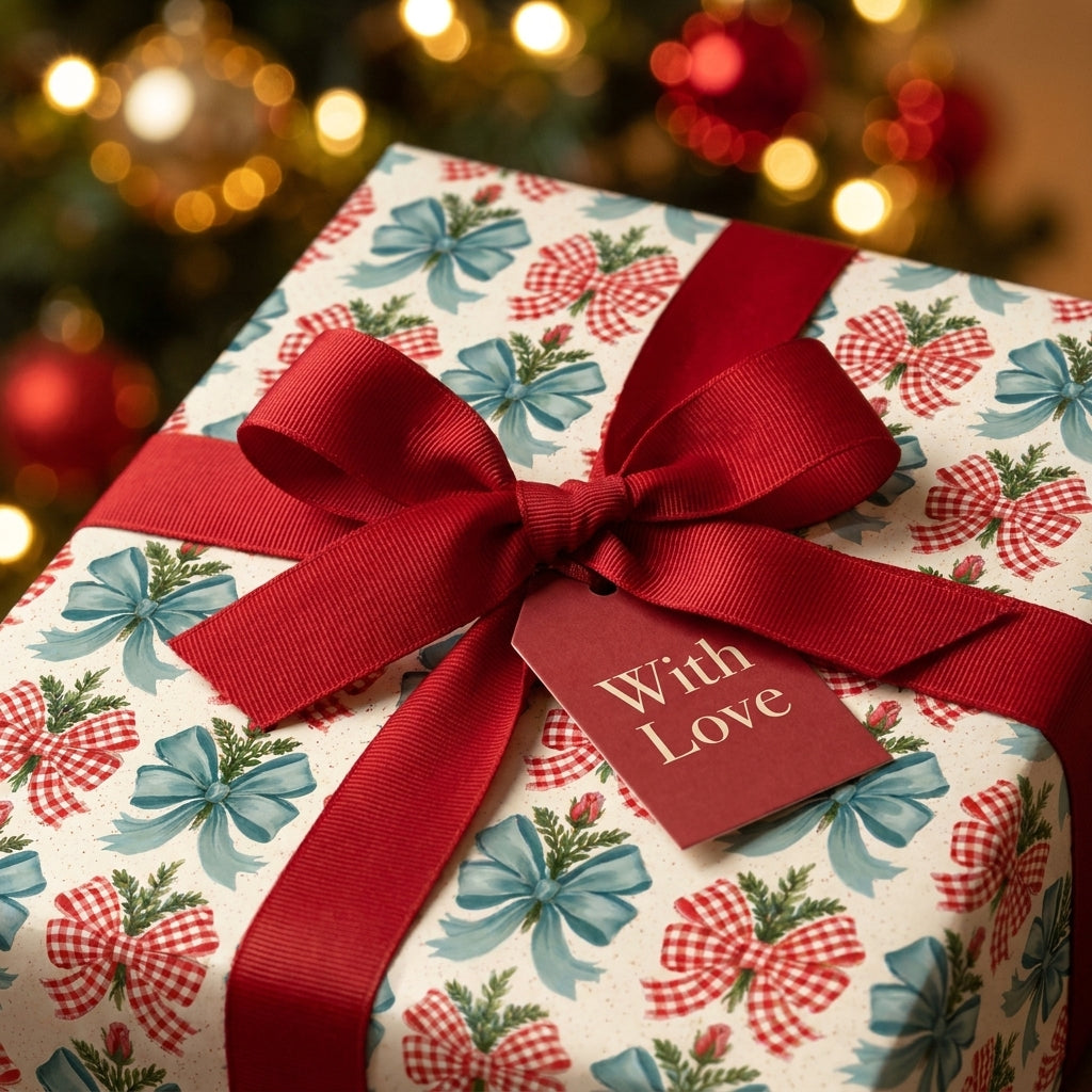 Vintage Christmas wrapping paper with red ribbon, 'With Love' tag, and bow pattern by Wrapped Studios.